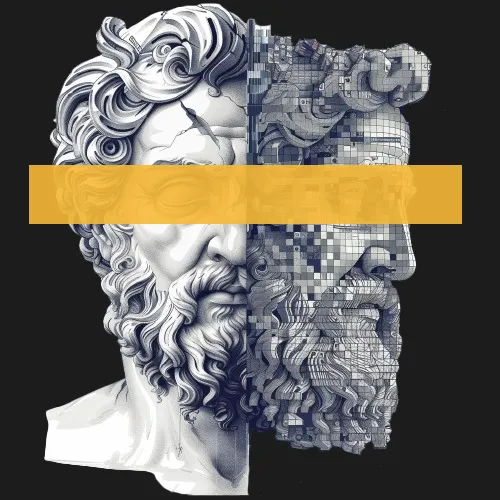 Classical marble bust dissolving into digital pixels, with a gold marker bar across it