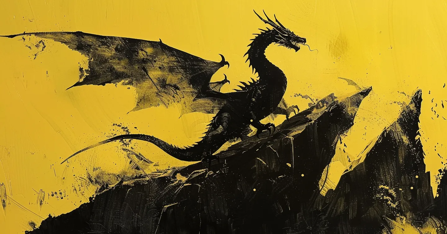 Analytical drawing of a dragon on a mountain top